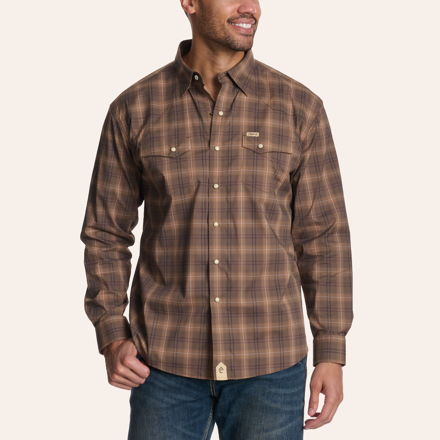 Rafter C Outdoors Men's Chocolate Plaid Print Long Sleeve Pearl Snap Western Shirt