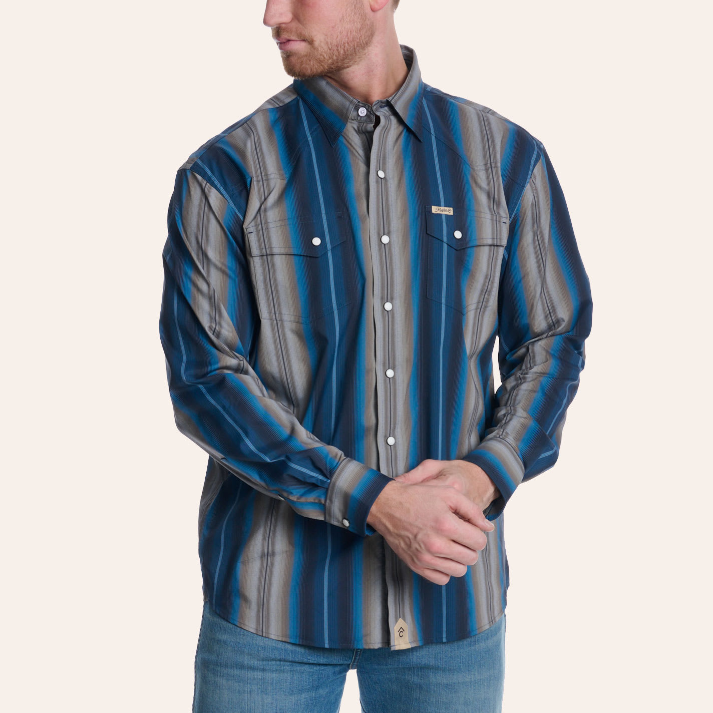 Rafter C Outdoors Men's Blue & Gray Stripe Print Long Sleeve Pearl Snap Western Shirt