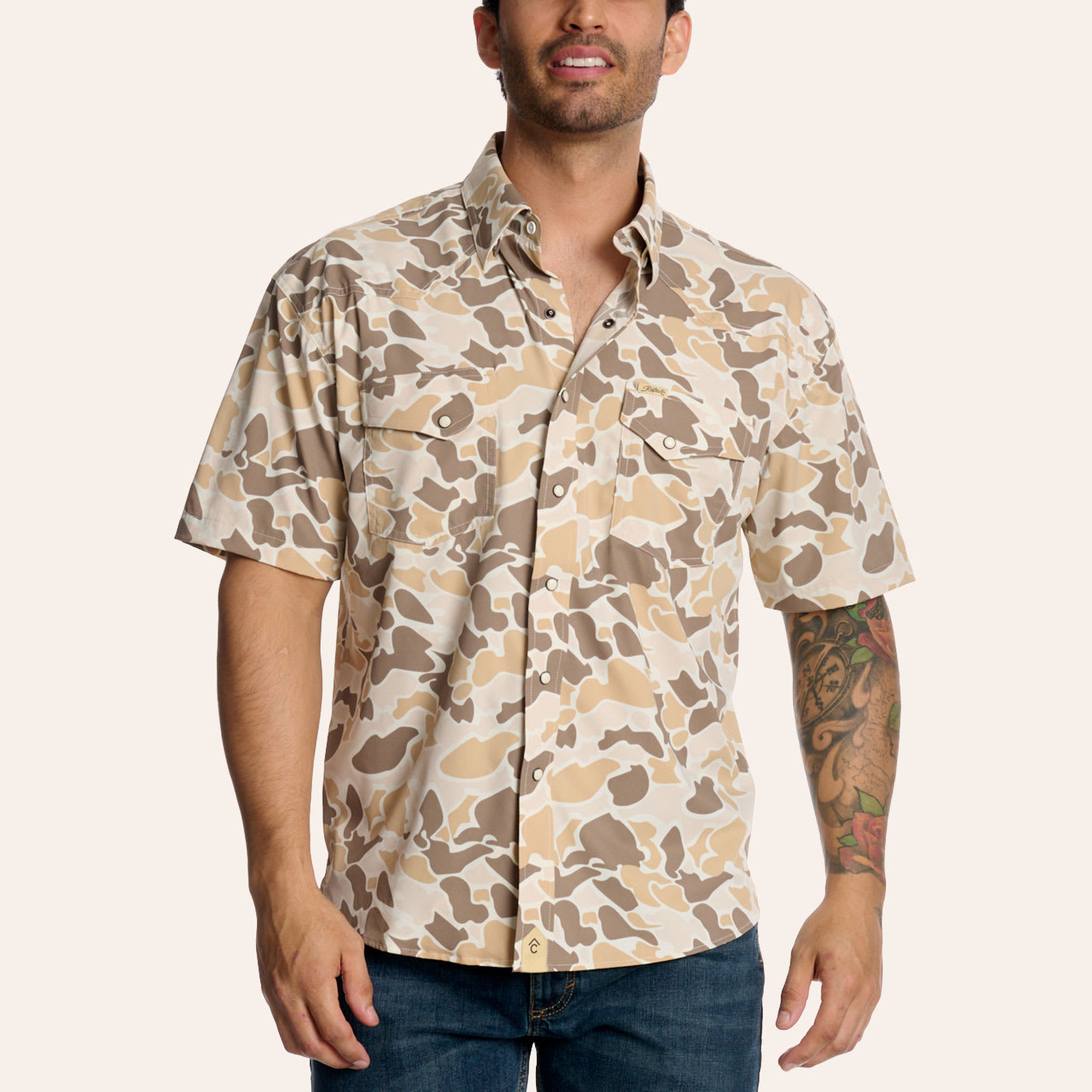 Rafter C Outdoors Men's Khaki Camo Print Pearl Snap Western Shirt