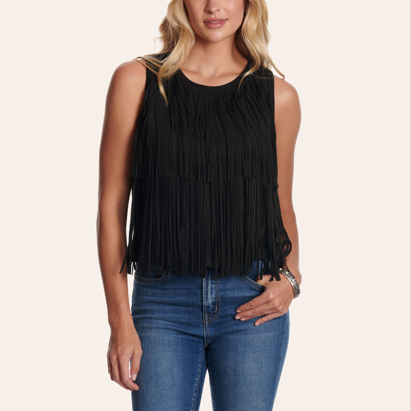 Rockin' C Women's Black Faux Suede Fringe Tank Top