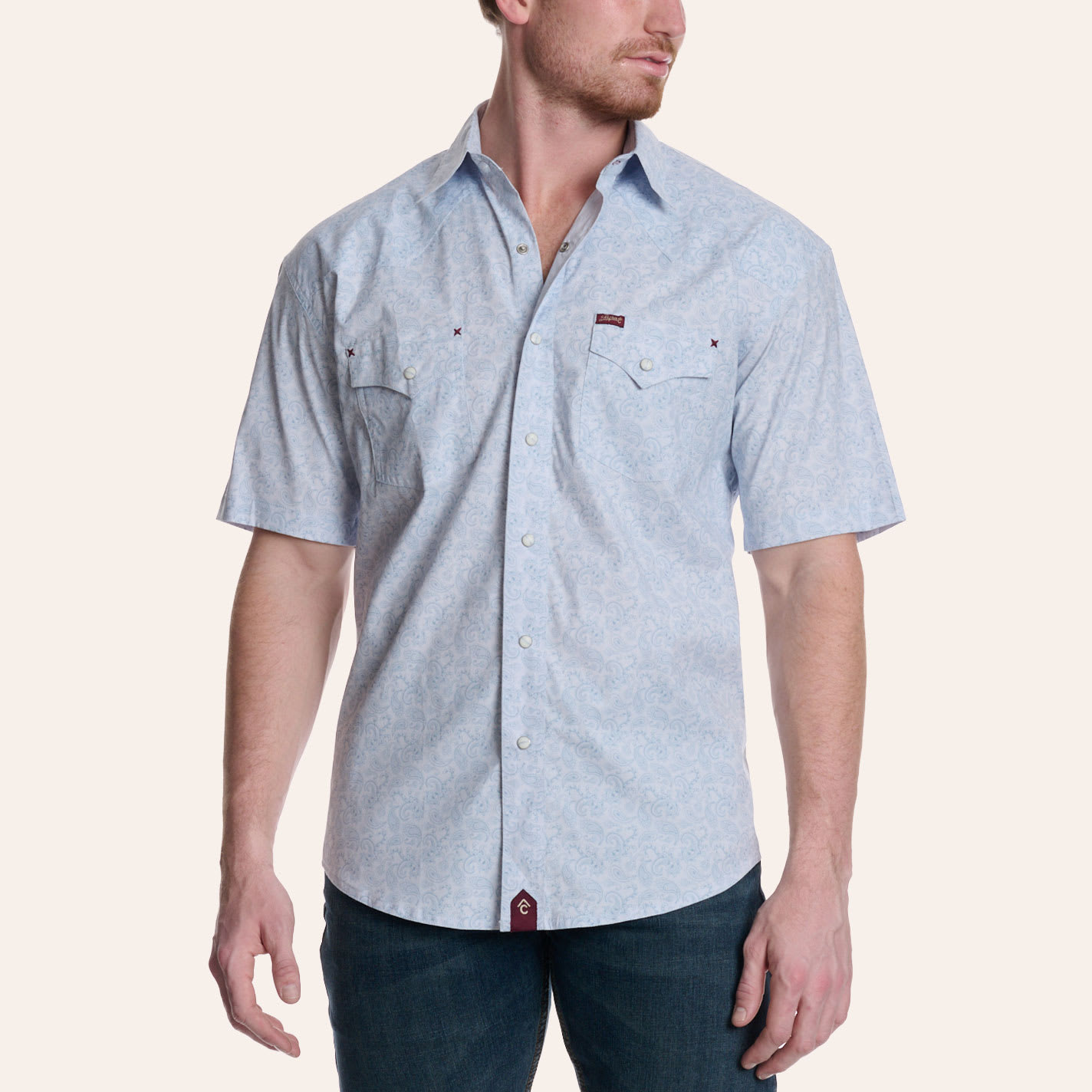 Rafter C Red Dirt Men's Light Blue Paisley Print Pearl Snap Western Shirt