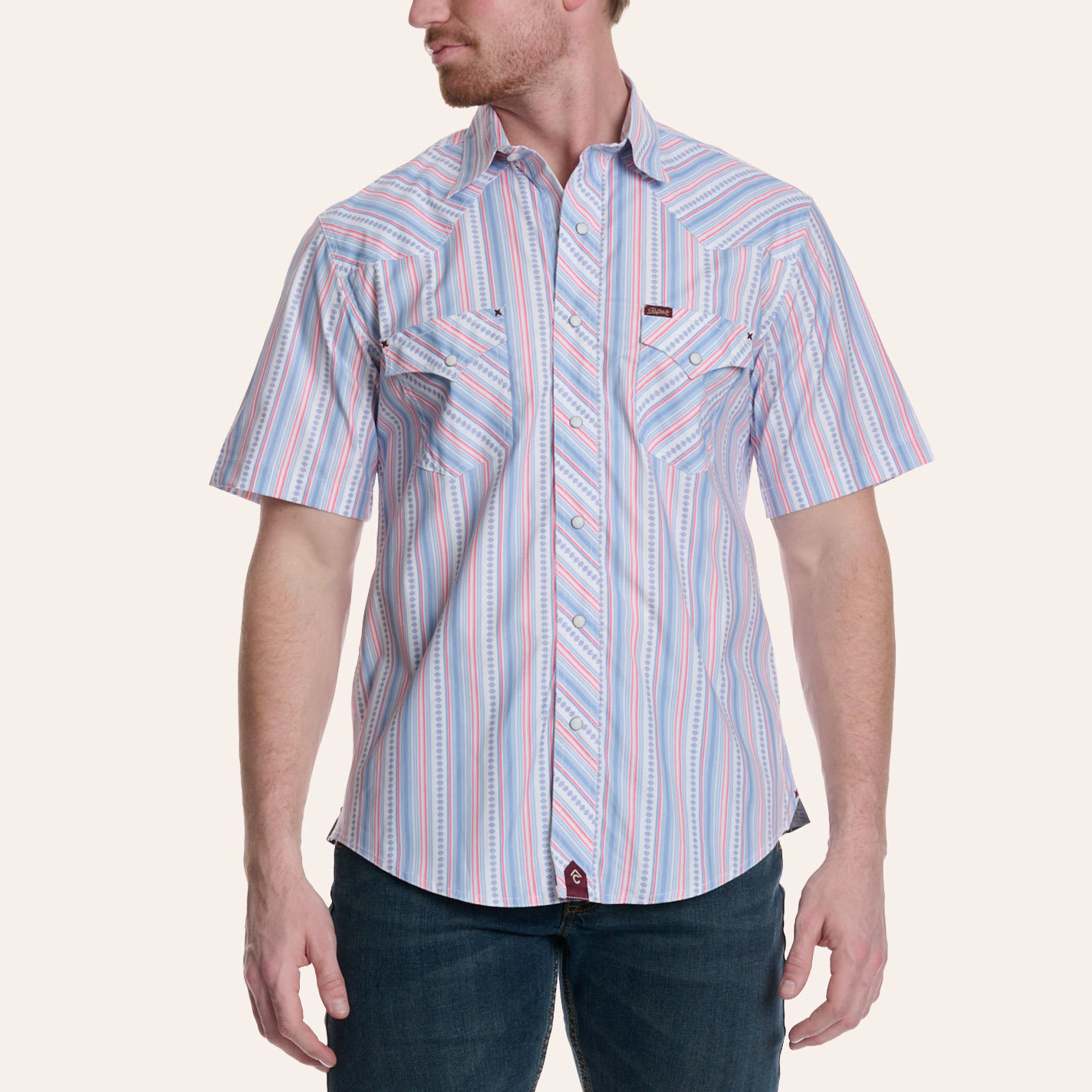 Rafter C Red Dirt Men's Red & Blue Stripe Print Pearl Snap Western Shirt