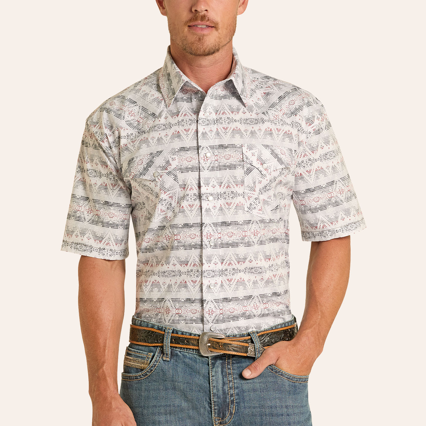 Rough Stock Panhandle Slim  Men's Gray Aztec Print Pearl Snap Western Shirt