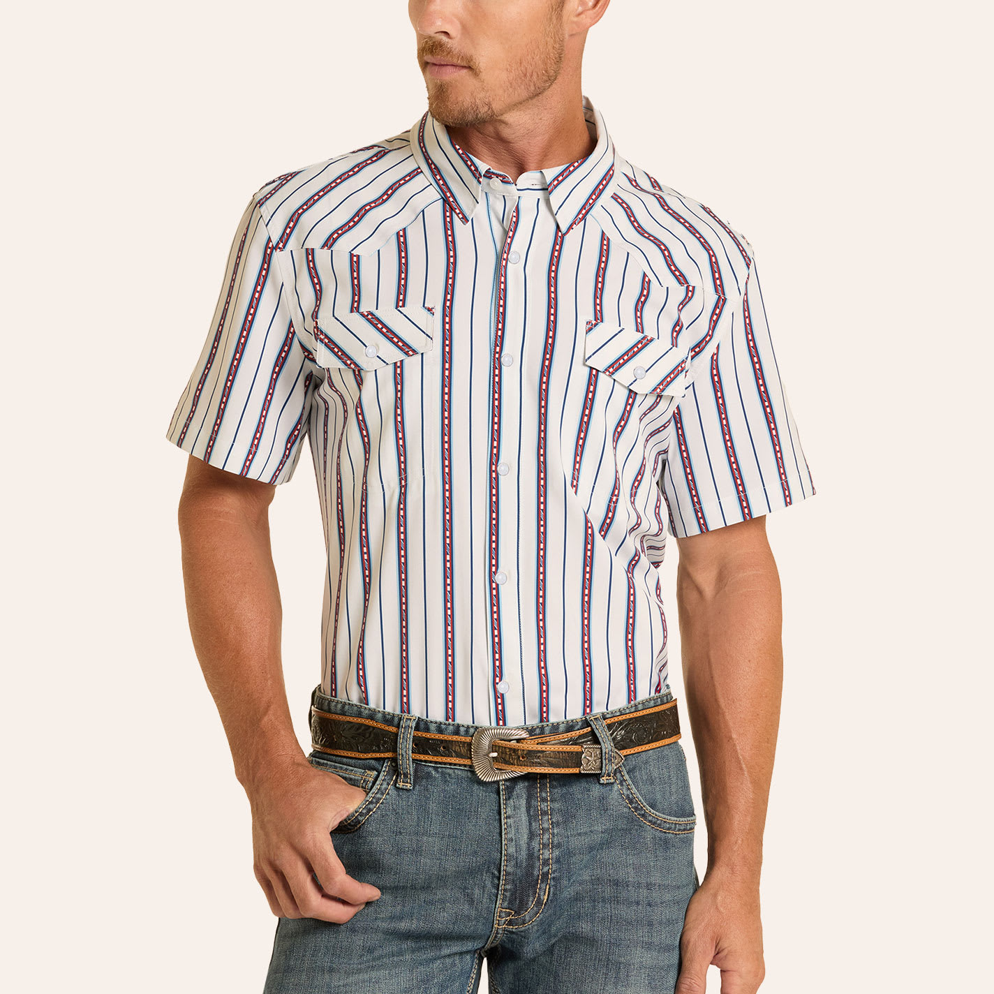 Panhandle Slim Men's White & Red Stripe Print Pearl Snap Performance Western Shirt