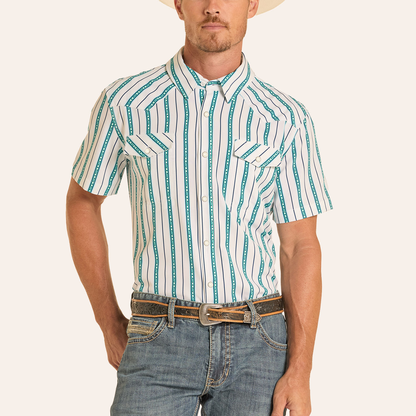 Panhandle Slim Men's White & Turquoise Stripe Print Pearl Snap Performance Western Shirt In Green