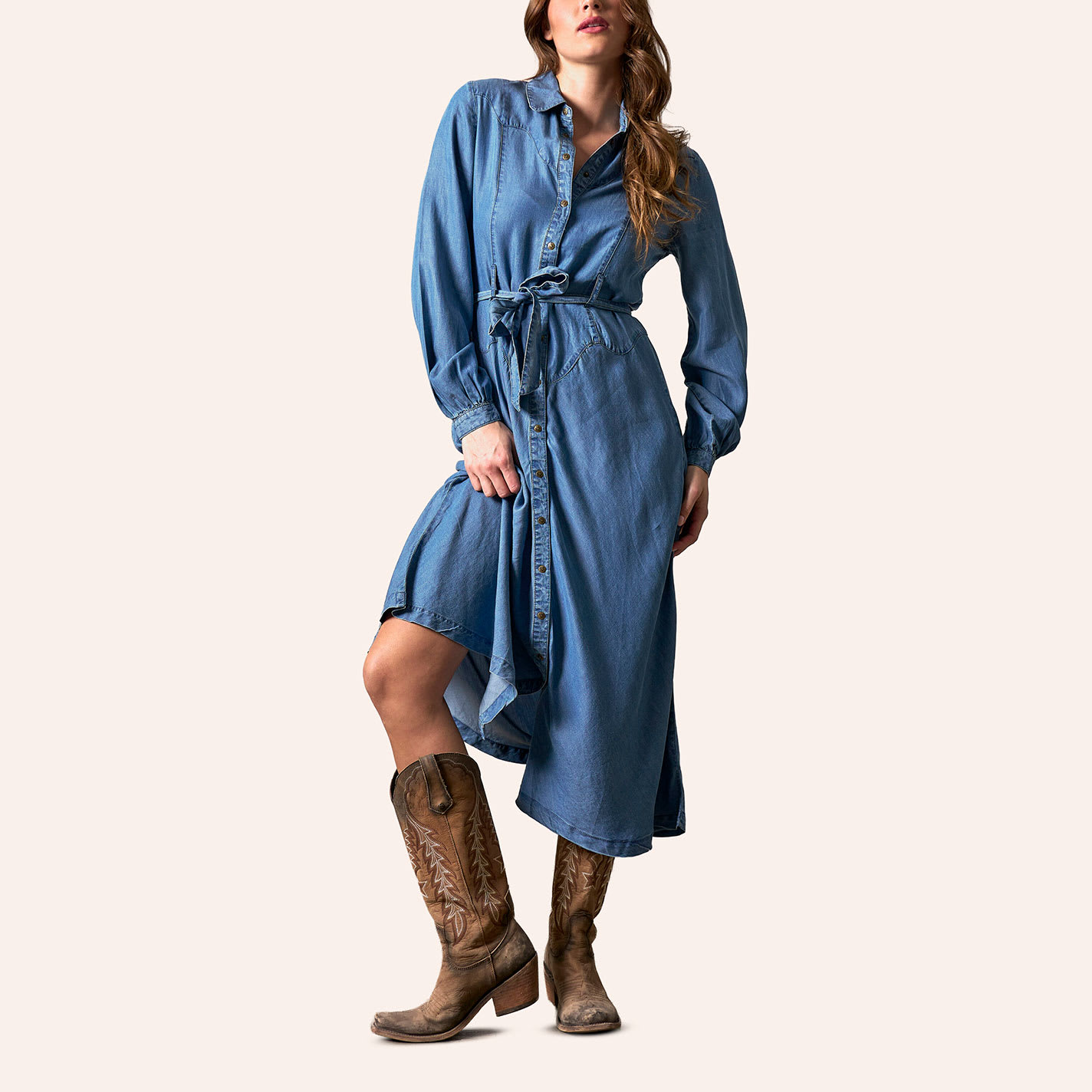 Kimes Ranch Women's Channy Light Wash Denim Tie Waist Midi Shirt Dress In Dark Indigo