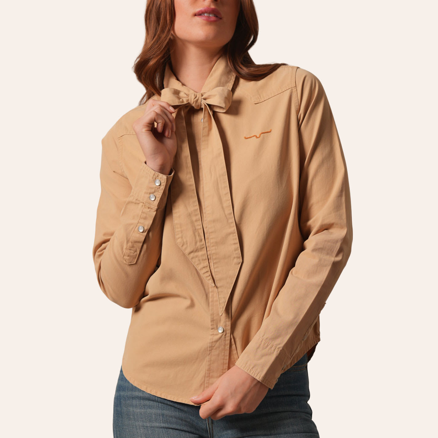 Kimes Ranch Women's Lolo Sand Tie Neck Long Sleeve Pearl Snap Western Shirt
