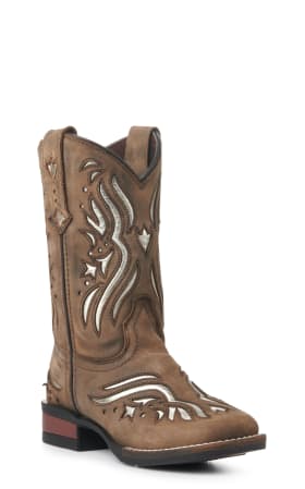 Kid's tan leather cowboy boot with decorative cutouts and star patterns.