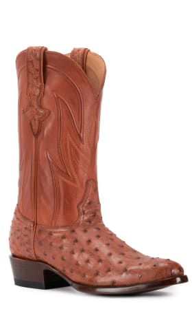 Men's brown ostrich leather cowboy boot with intricate stitching on the shaft.