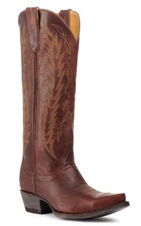 Women's Brown leather cowboy boot with intricate stitching on the shaft and a pointed toe.