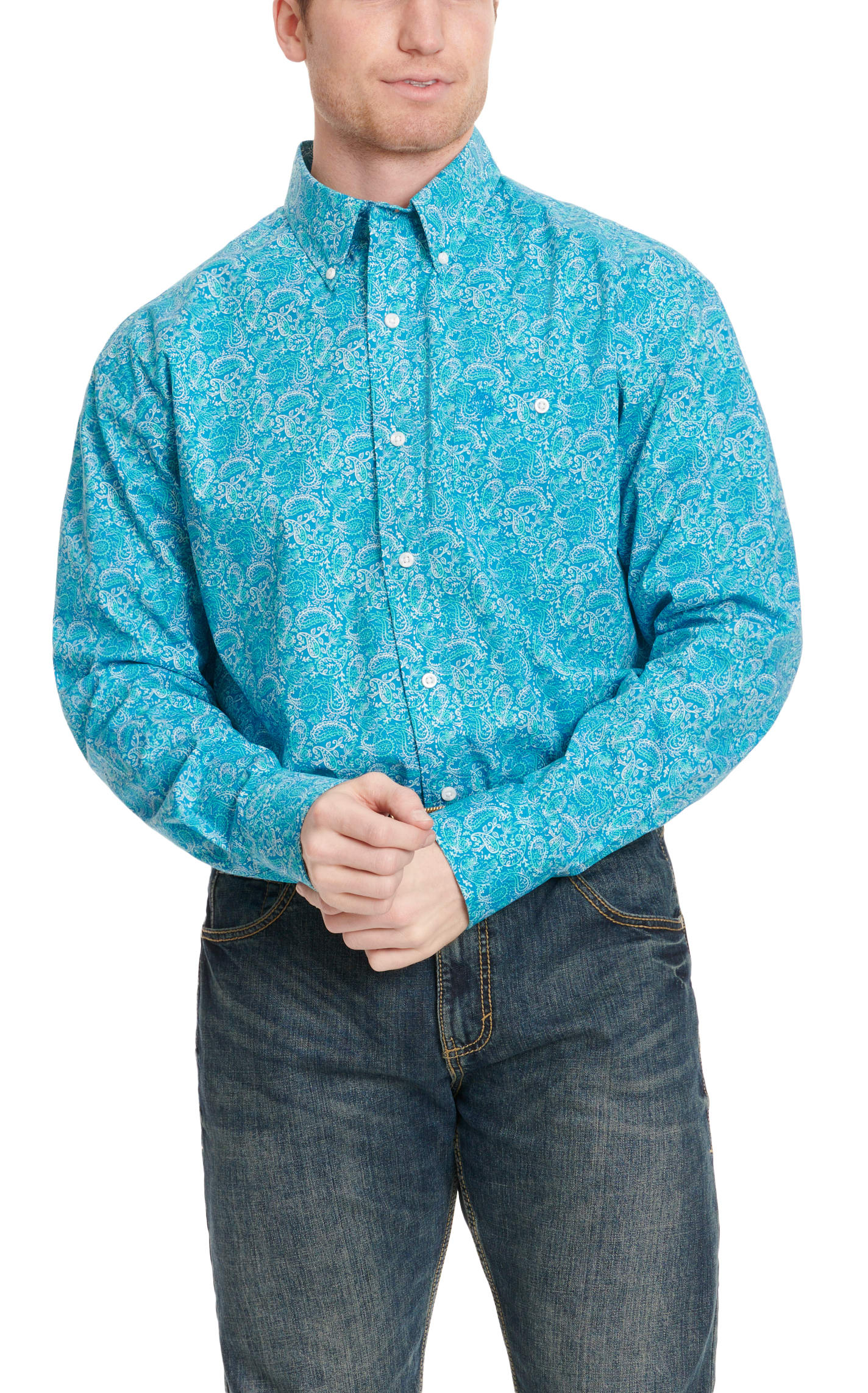 Wrangler Men s George Strait Collection Turquoise White Paisley Long Sleeve Western Shirt