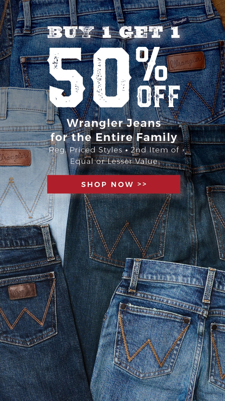 This banner shows a spread of Wrangler jeans to promote Cavender's Buy 1 Get 1 $50 Off offer for the Fall Round Up Sale. Click to shop.