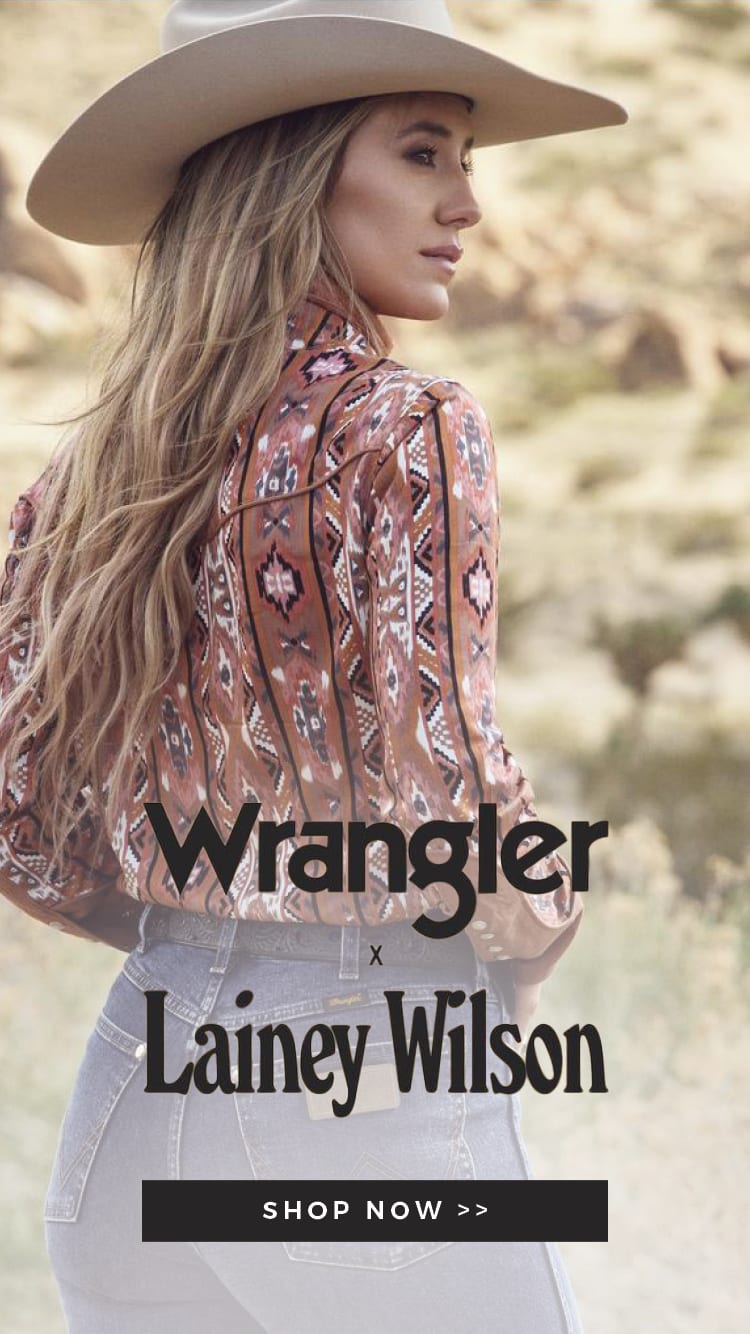 This hero banner promotes Wrangler's Lainey Wilson Collection. Click to shop.