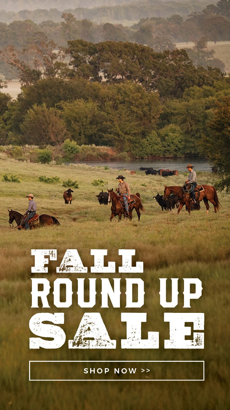 This hero banner promotes Cavender's 2024 Fall Round Up Sale. The banner shows cowboys riding through a pasture with text reading "FALL ROUND UP SALE SHOP NOW" Click to shop.