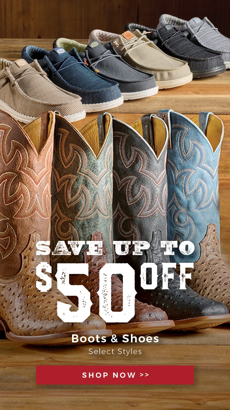 This banner promotes Cavender's Featured Hot Boot Buys. Text reads "SAVE UP TO $50 OFF BOOTS & SHOES SELECT STYLES SHOP NOW." Click to shop.