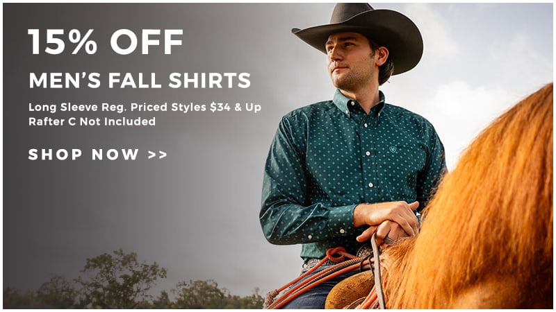 This banner shows a cowboy on horseback wearing a long sleeve western shirt. Text reads "15% OFF MEN'S FALL SHIRTS" Click to shop.