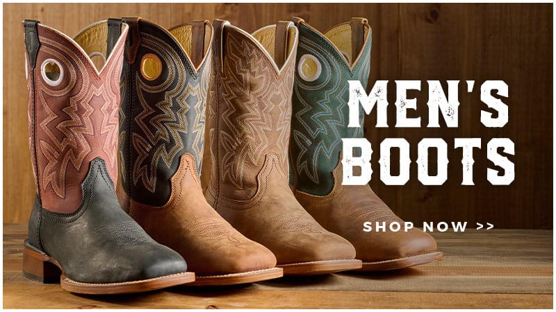 This banner promotes Men's Cowboy Boots at Cavender's showing a arrangement of western boots. Text reads "MEN'S BOOTS SHOP NOW" Click to shop.