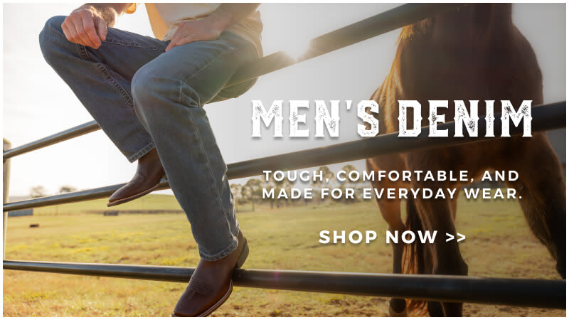 This banner promotes Men's Denim at Cavender’s. Shows Men's jeans. Text reads " MEN'S DENIM SHOP NOW" Click to shop.