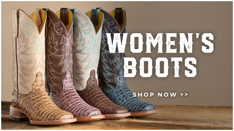 This banner promotes the brands of Women's Boots at Cavender's and shows an arrangement of woman's boots. Text reads "WOMEN'S BOOTS C." Shop Now.