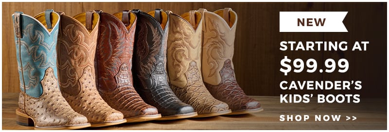 This banner showcases Cavender's new Kids' Boots starting at $99.99. Click to shop.