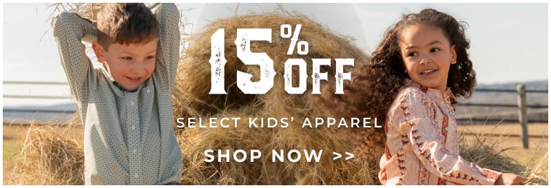 This banner is promoting 15% Off Kids Apparel. Shop Now.
