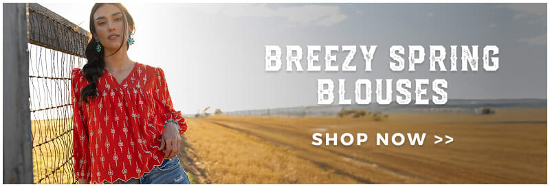 This banner is promoting Spring Blouses at Cavender's. Shop Now.