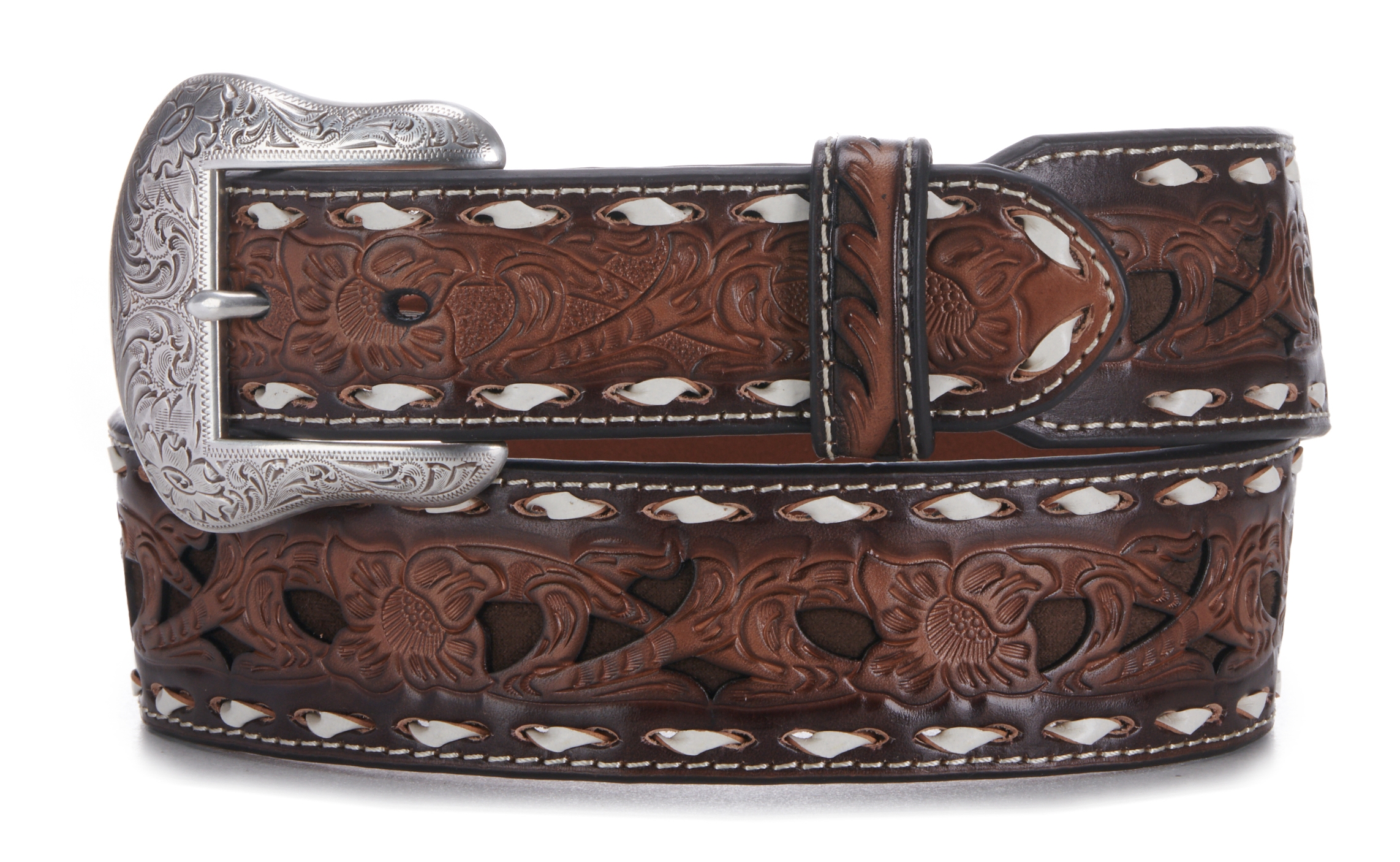 Cavender's Men's Brown with Chocolate Inlay and White Lace Western Belt ...