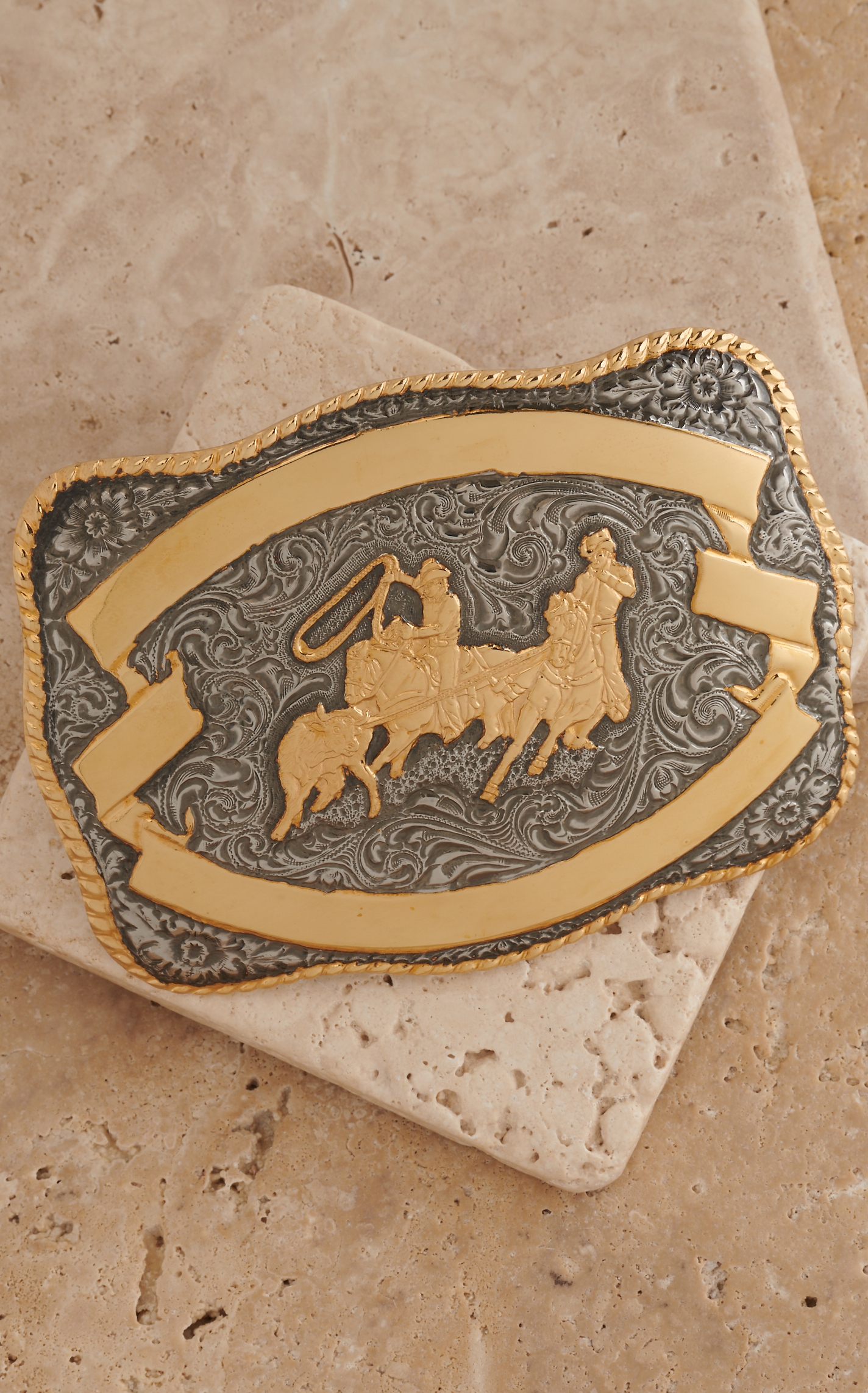 Crumrine Gold and Silver Team Roper Rectangle Antique Belt Buckle ...