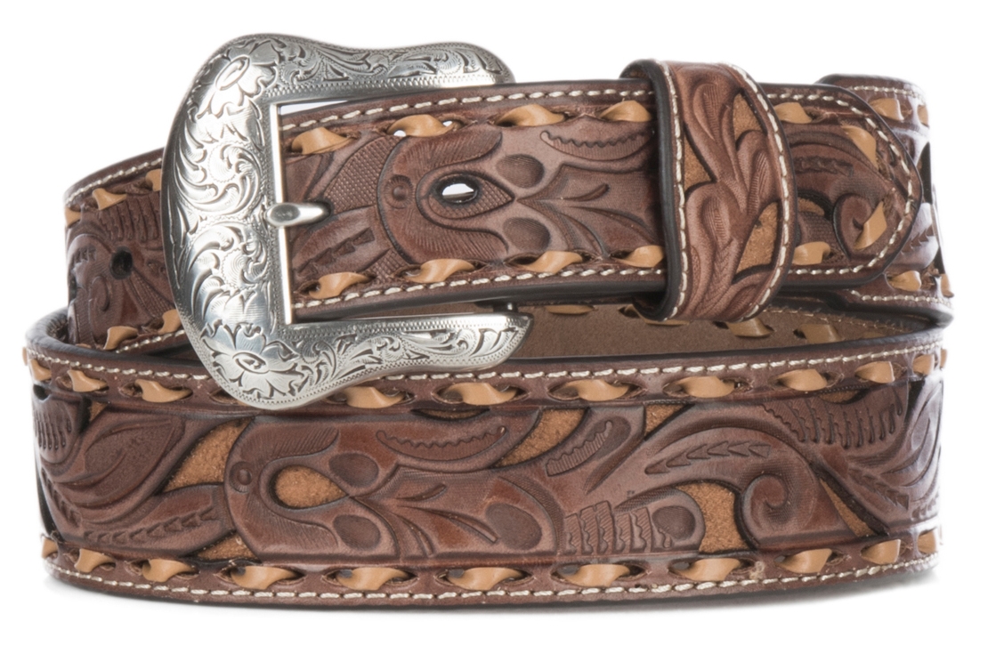 Nocona Men's Brown Genuine Leather Floral with Tan Inlay & Lace Western ...