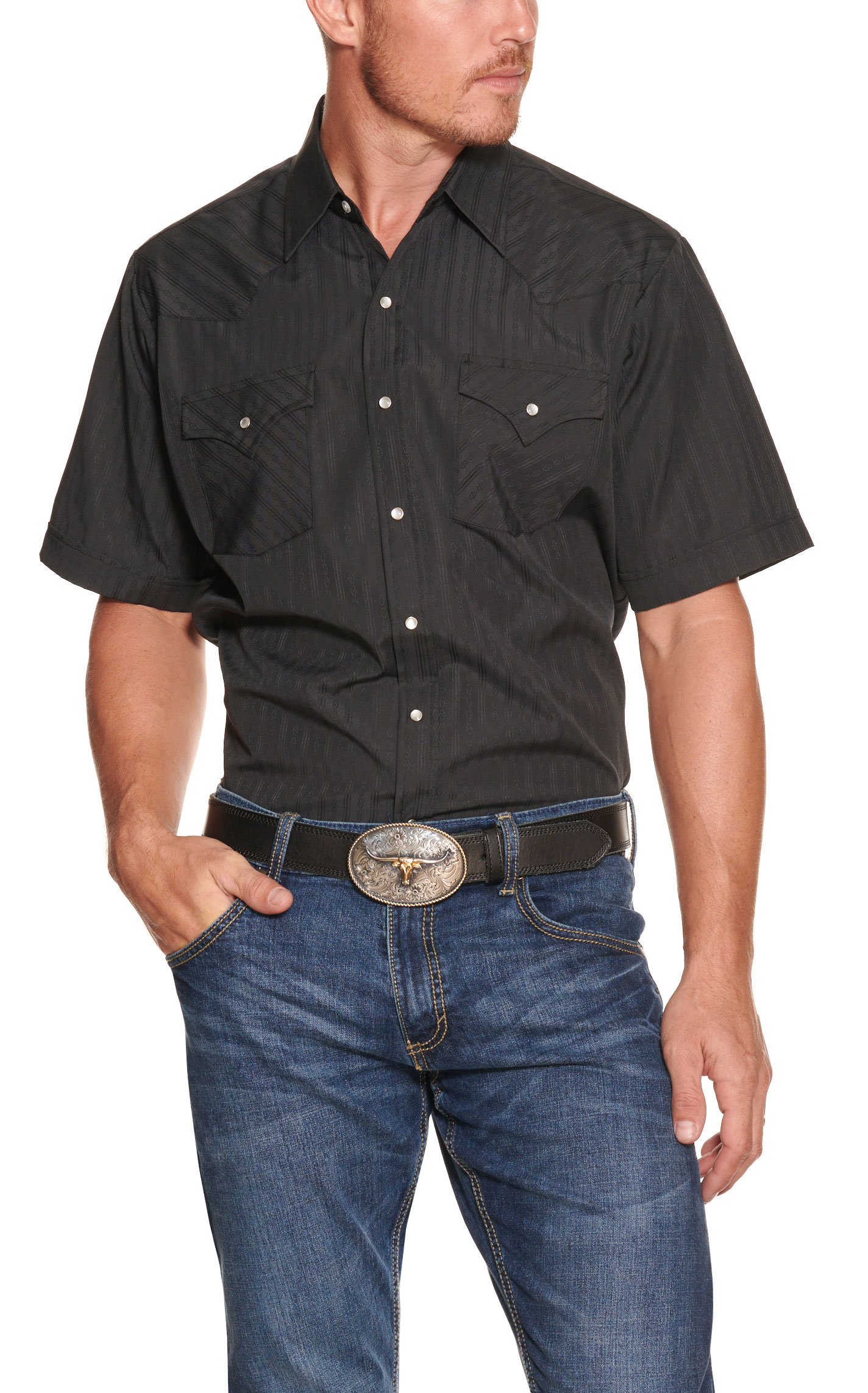 Ely Cattleman Tone on Tone Solid Black Short Sleeve Western Shirt ...