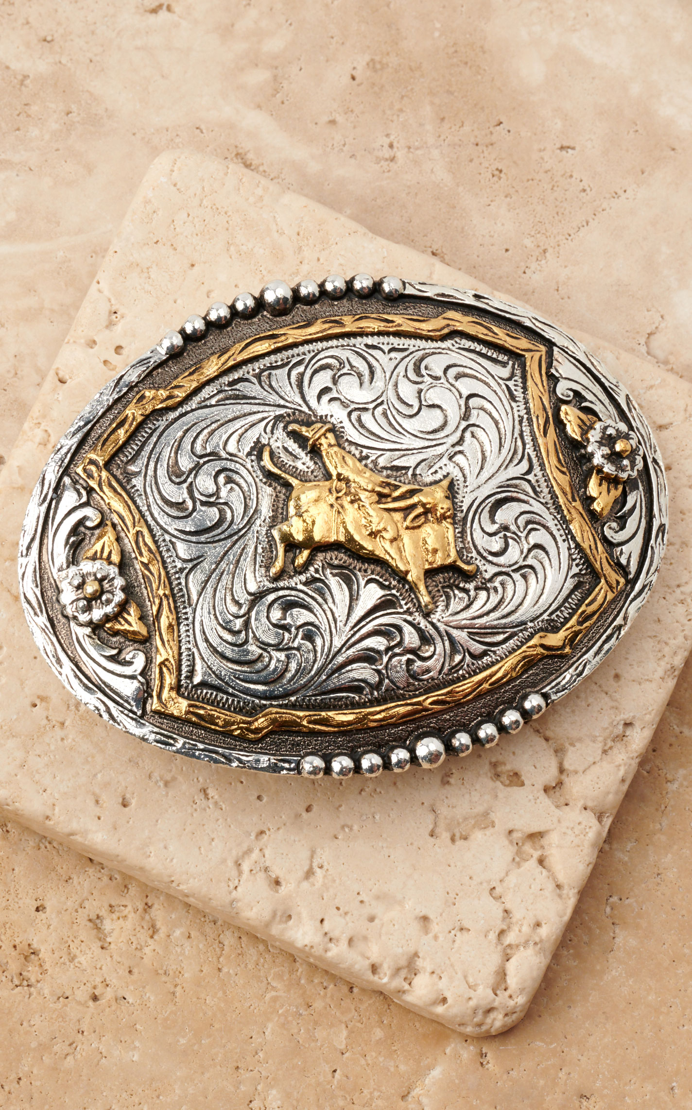 AndWest Etched Silver Filigree Gold Bull Rider Oval Belt Buckle