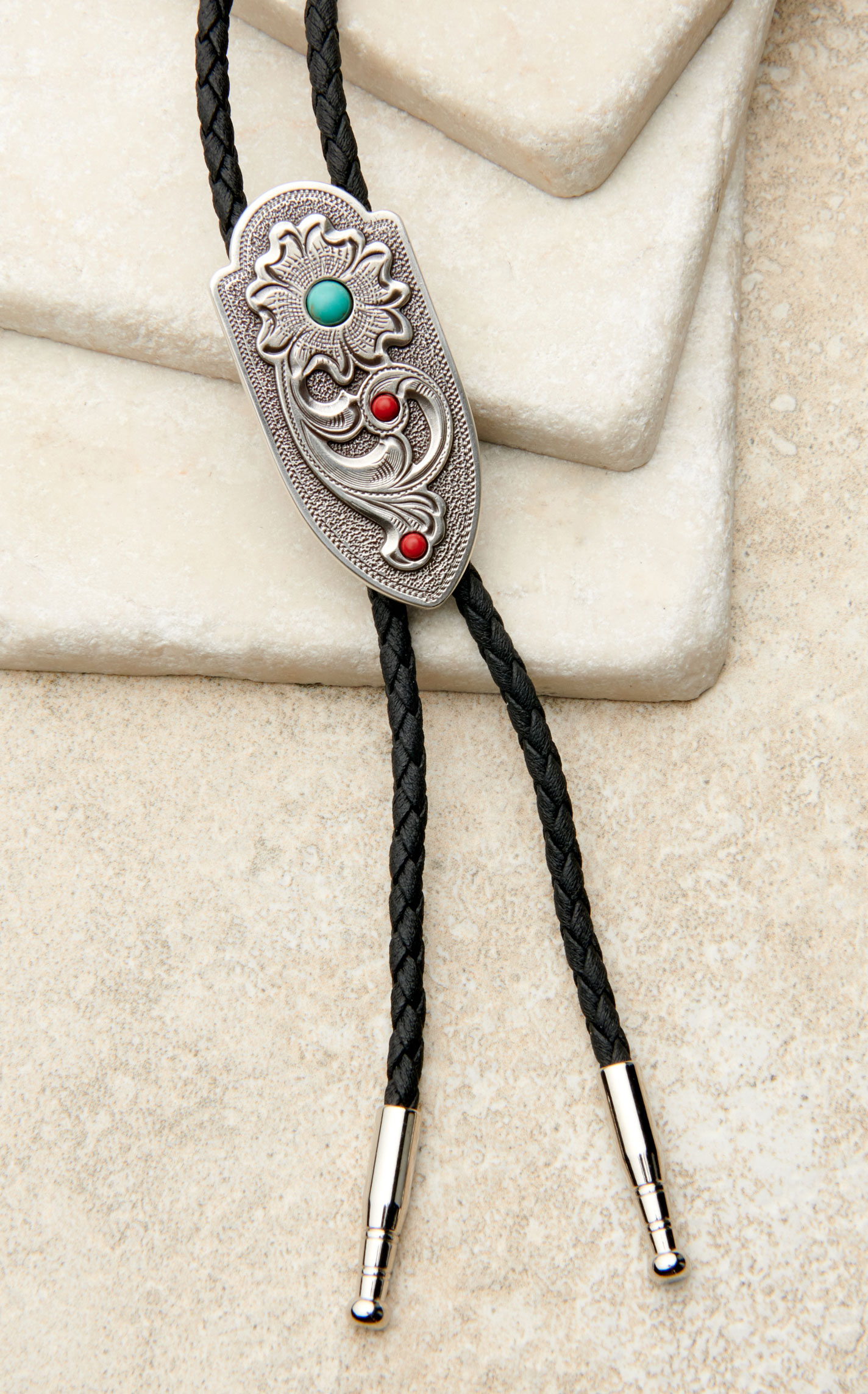 Vintage Arrow Malachite Bolo Tie - Silver Plated With Genuine Stone & Braided Leather Rope Necklace