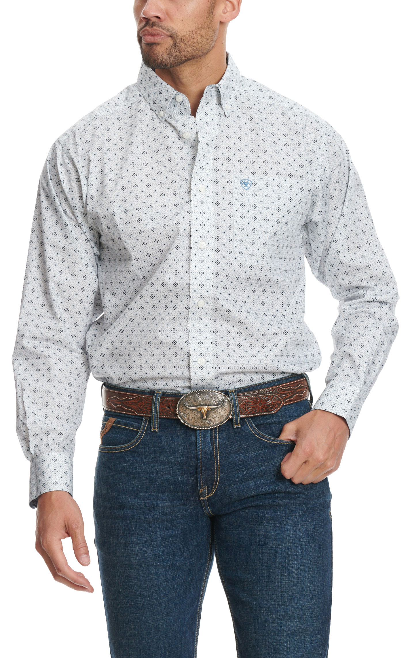Ariat Men's Lucca Pale Blue & Black Floral Geo Print Western Shirt