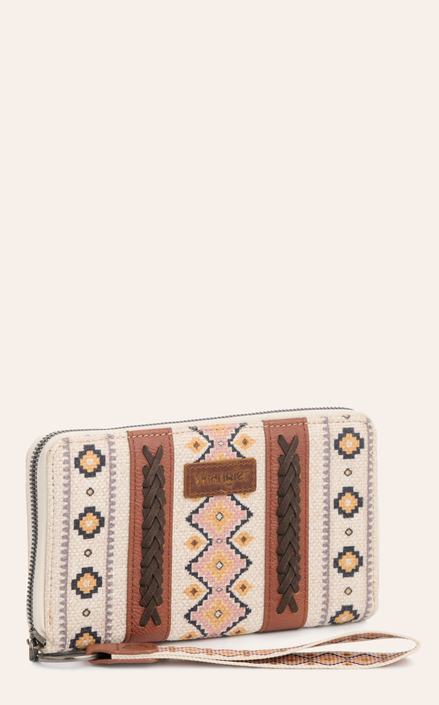 Wrangler Oatmeal Aztec Print Canvas & Leather Wristlet Wallet