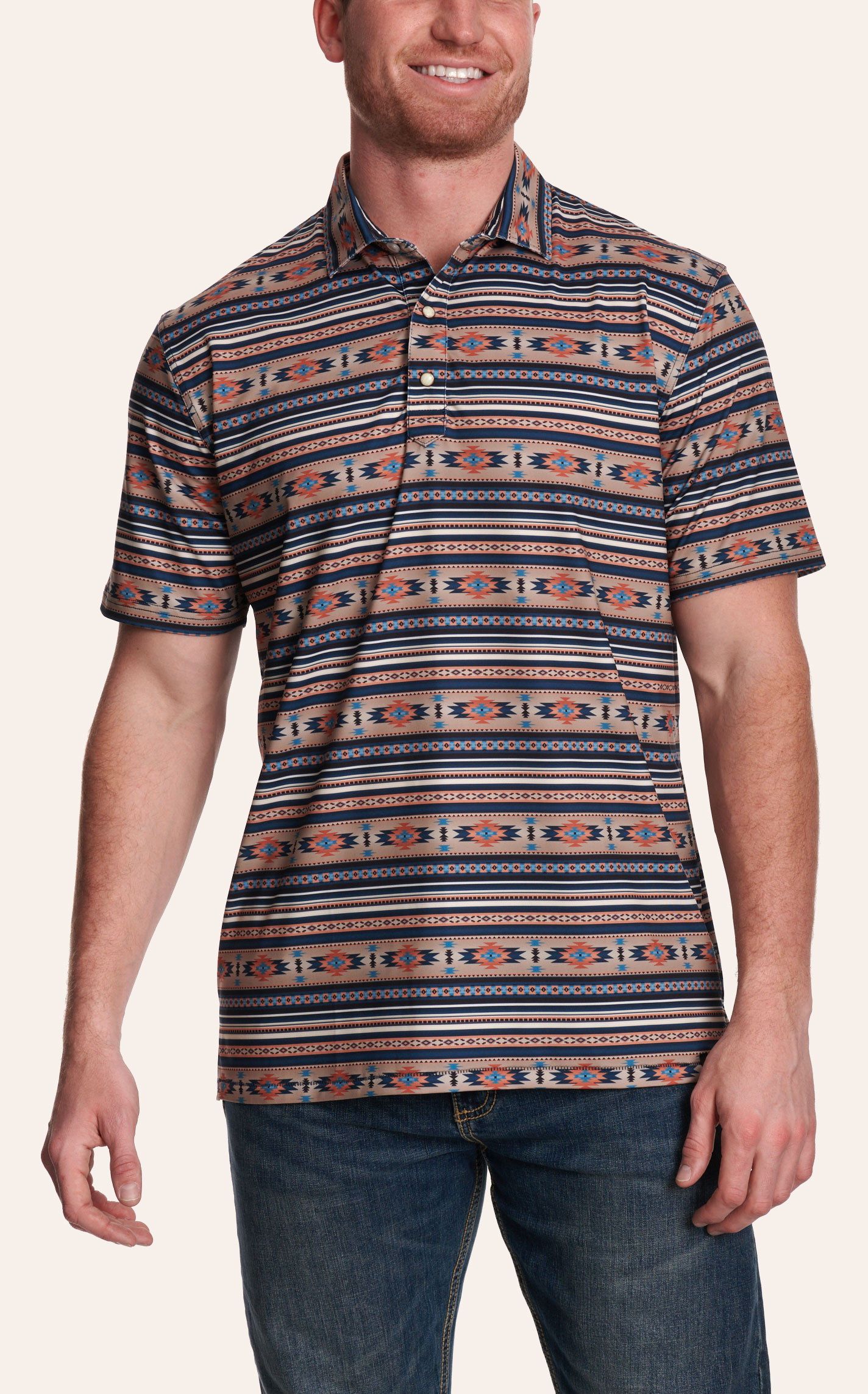 Navy Rafter Rafter C Men’s Navy, Light Blue & Tan Aztec Polo Shirt | Cavender’s